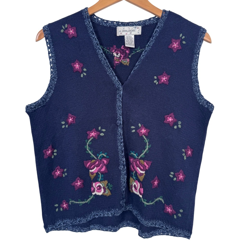 VTG Gina Peter Crochet Embroidery Knit Vest Floral Women M Navy Cottage Grandma